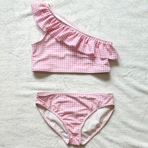 Girls Pink Gingham One-Shoulder Bikini Set